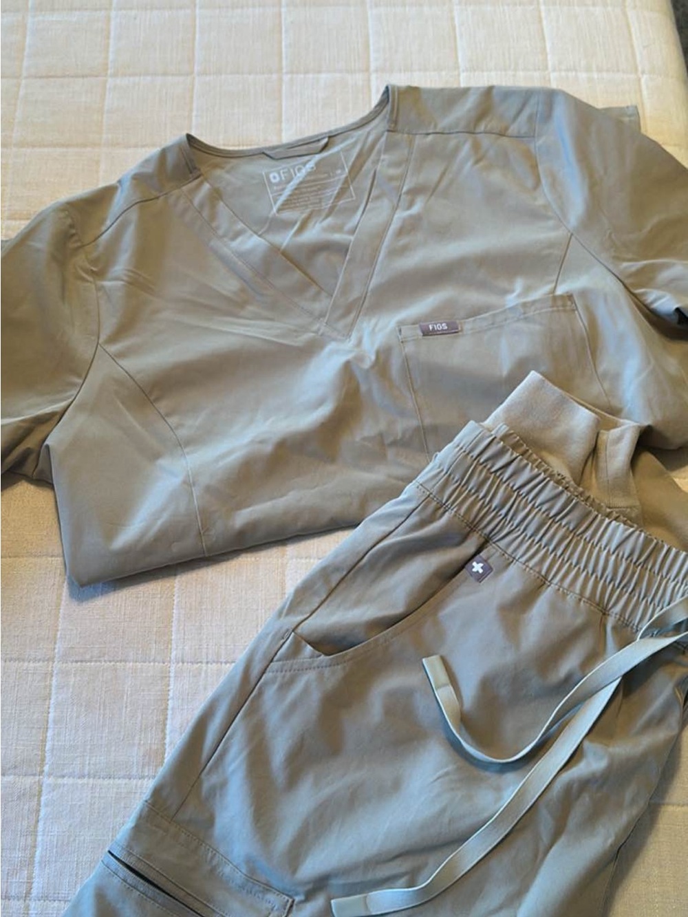 Figs Olive-Taupe V-Neck Scrub Top with Drawstring Pants